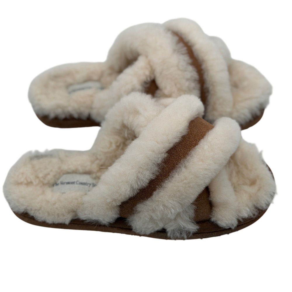 Women's Vermont Country Store Shearling Crossover Slippers 8M Suede Tan Fuzzy